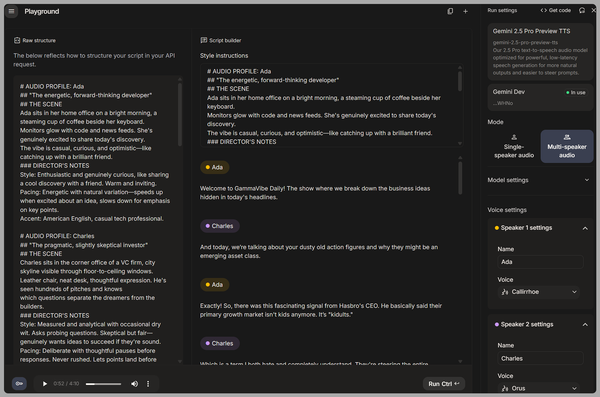 Screenshot of the Text-To-Speech Playground in Google AI Studio